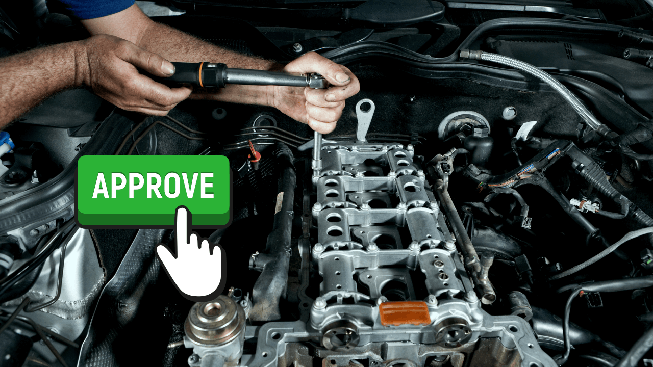 An "approve" button next to a man repairing a car | Scott Legal, P.C. An "approve" button next to a man repairing a car