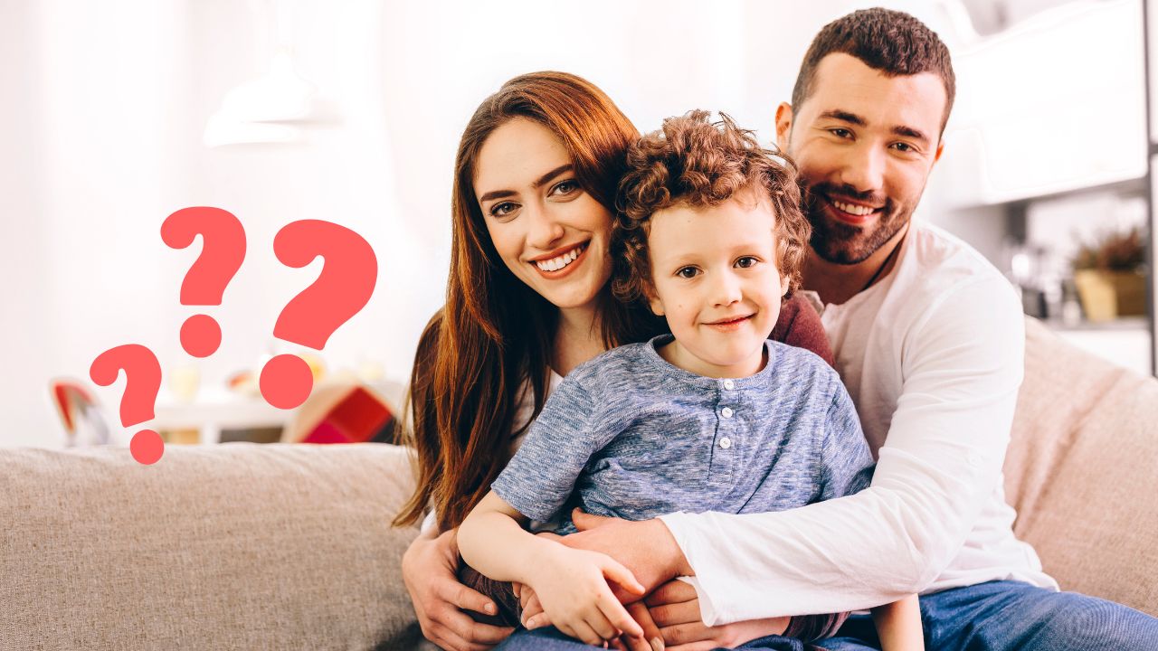 A happy family of 3 smiling next to some questions marks | Scott Legal, P.C. A happy family of 3 smiling next to some questions marks